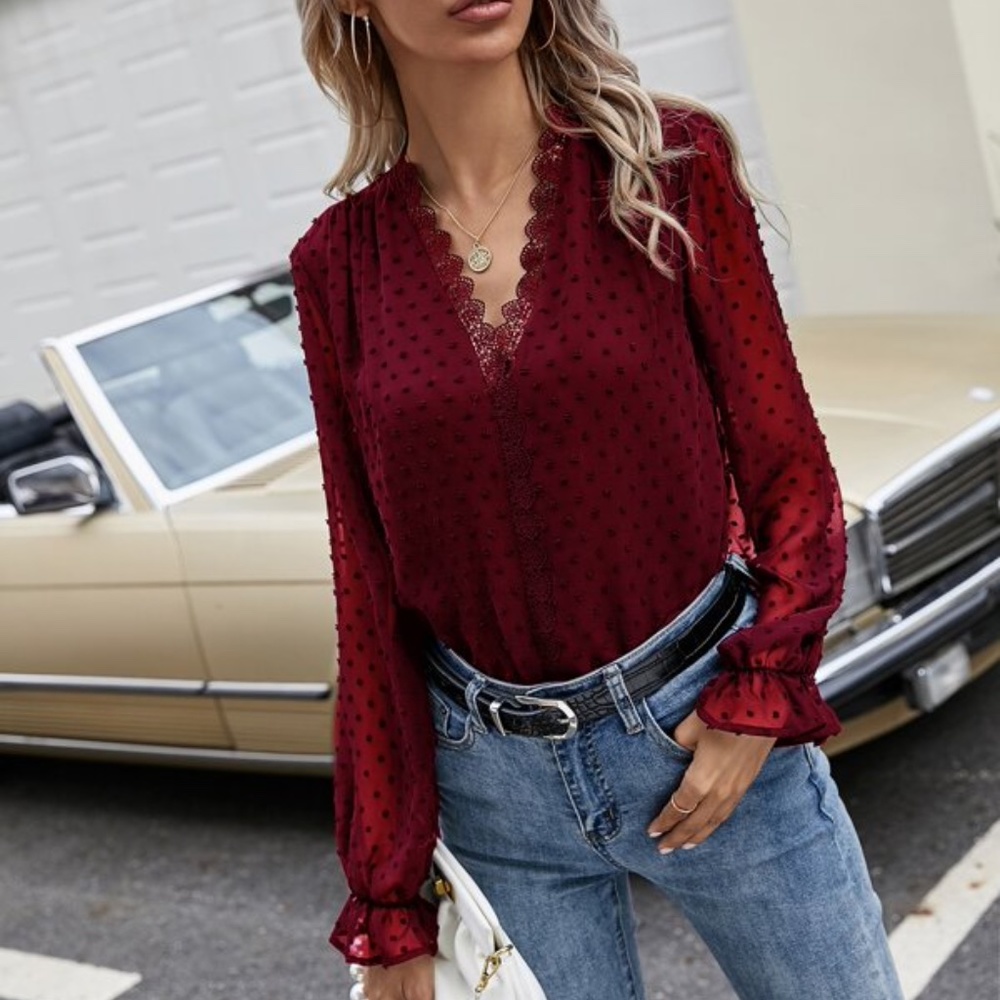 Boho Burgundy Red V neck Swiss Dot Lace Sheer Top - Picture 2 of 4